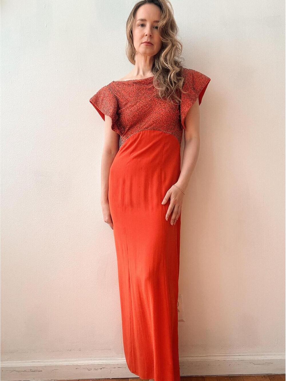 Vintage 1940s Vermillion Silk Crepe Beaded Gown